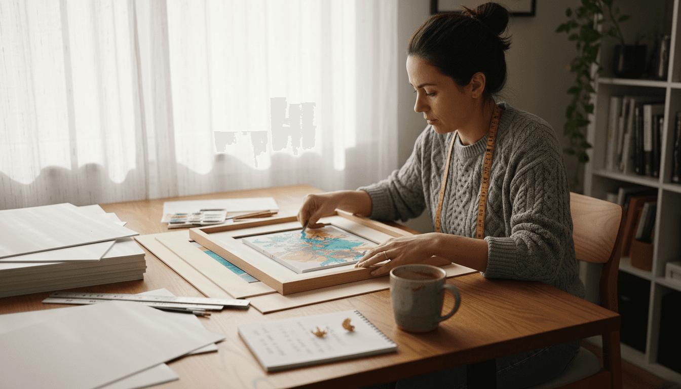 Woman measuring art at dining table