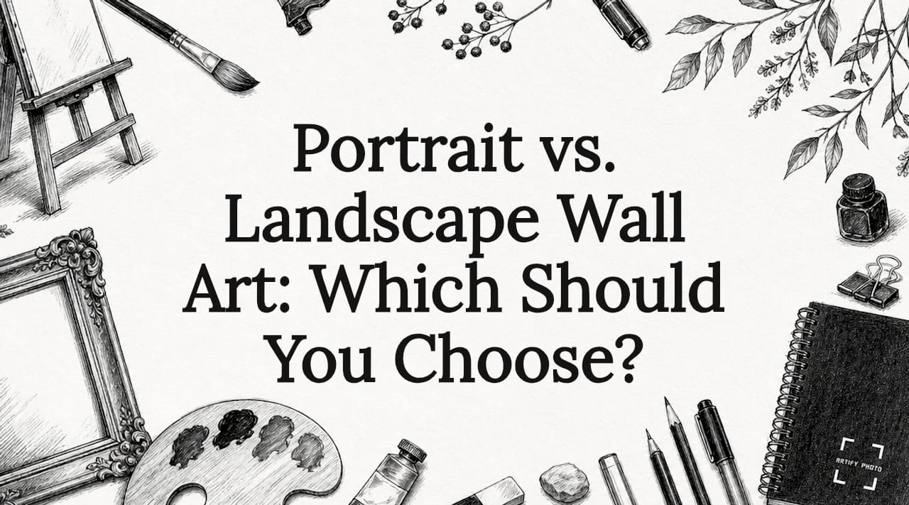 Decorative illustrated title card with art tools and botanicals