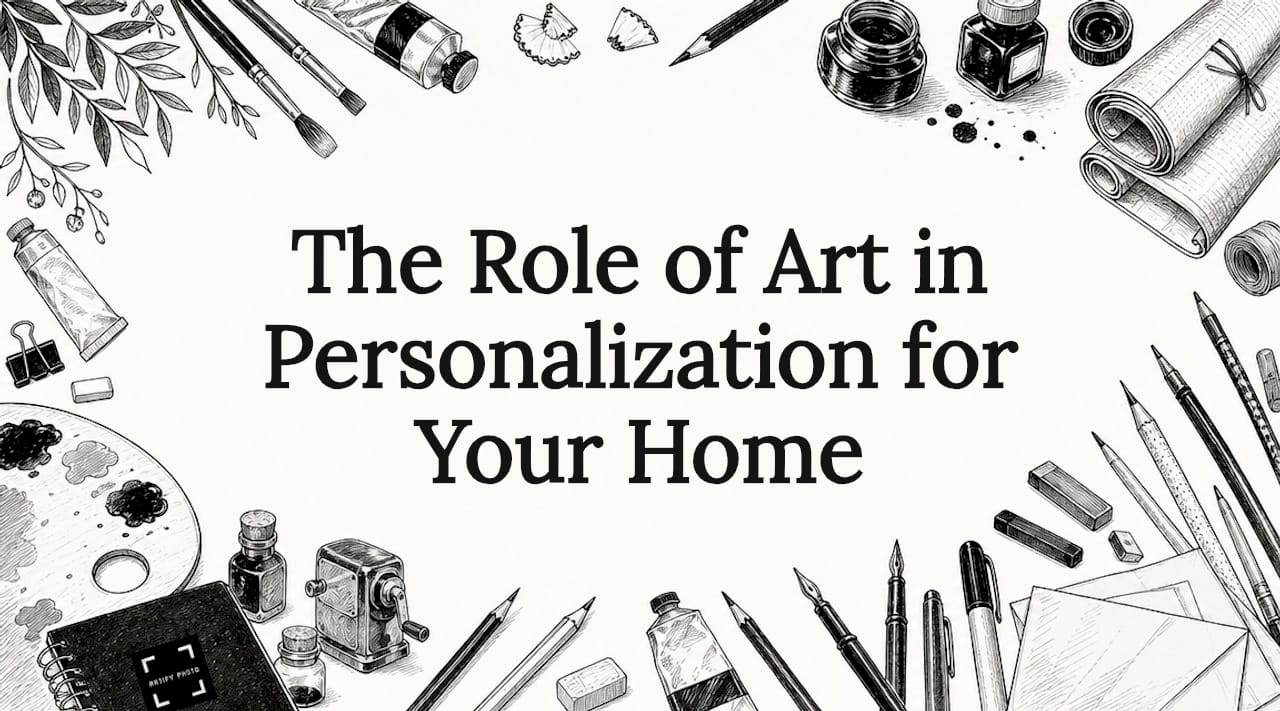 Decorative title card illustration with art tools and botanicals
