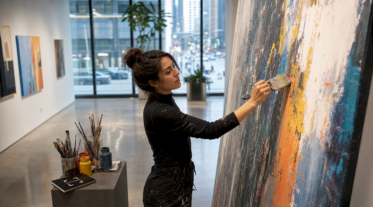 Artist painting on large canvas in studio