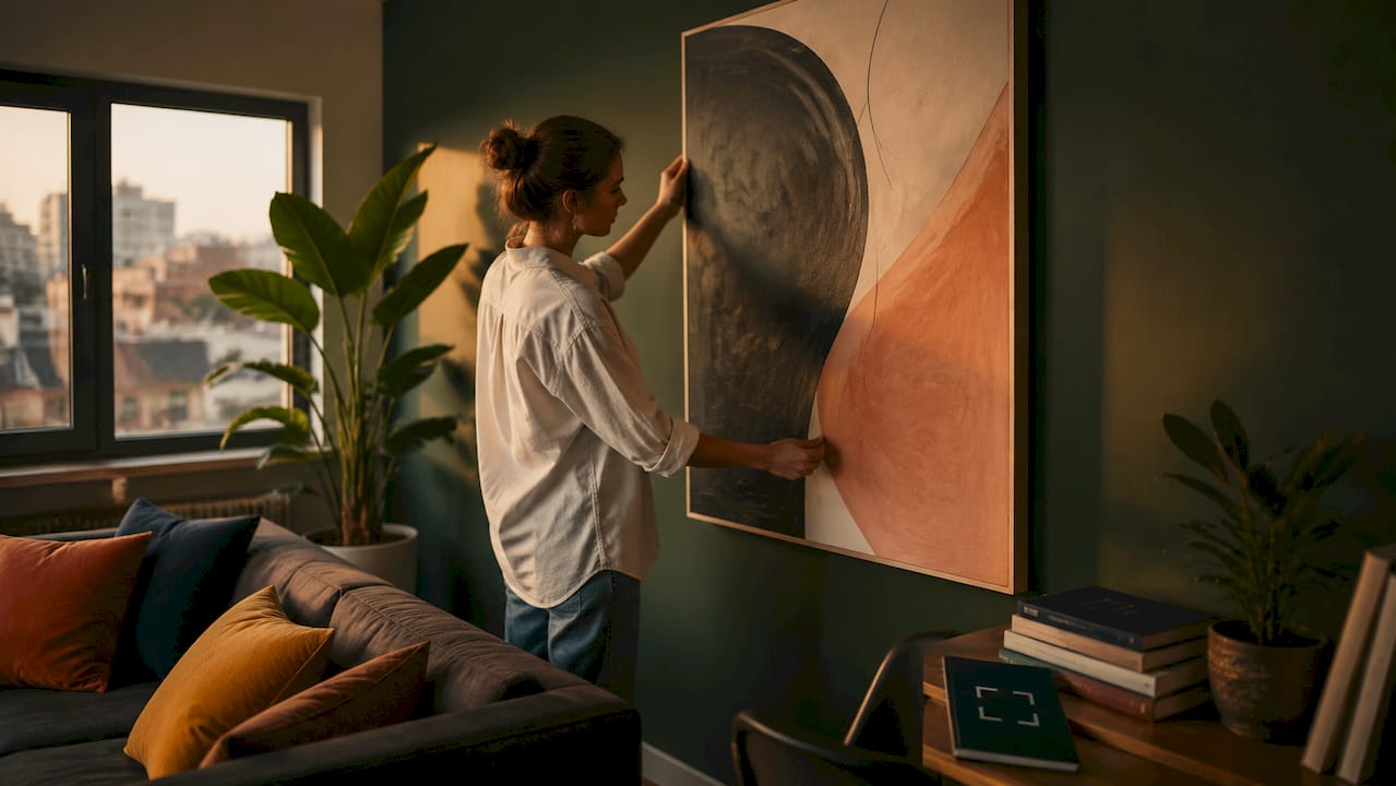 Woman hanging contemporary wall art in home