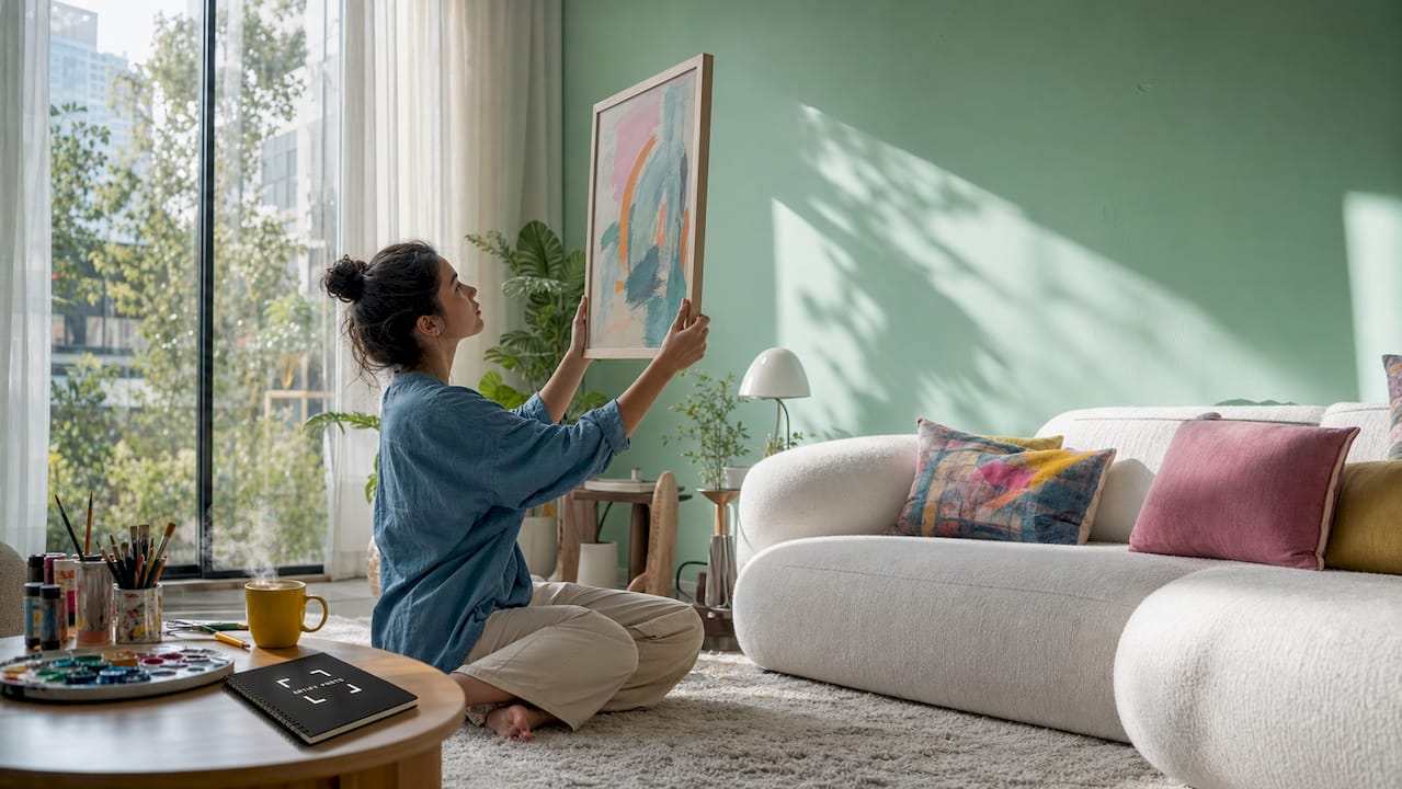 Woman assessing artwork placement in living room