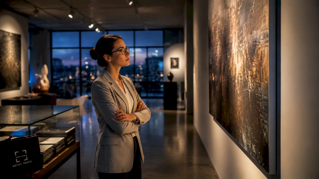 Art curator examining premium wall art canvas