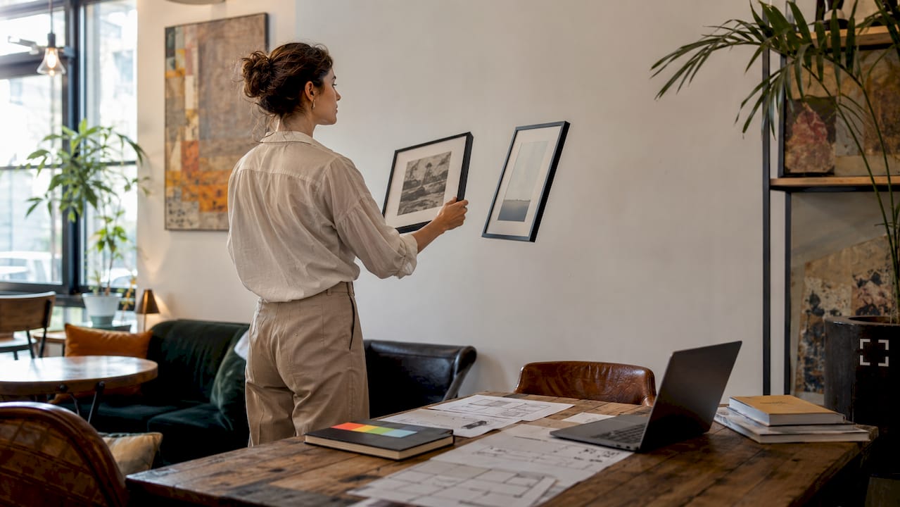 Interior designer choosing wall art for living room