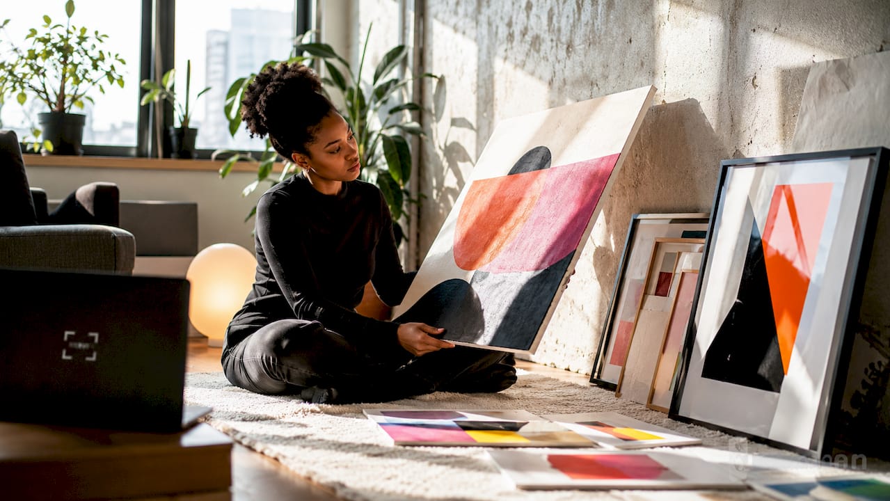 Woman arranging art prints in cozy home