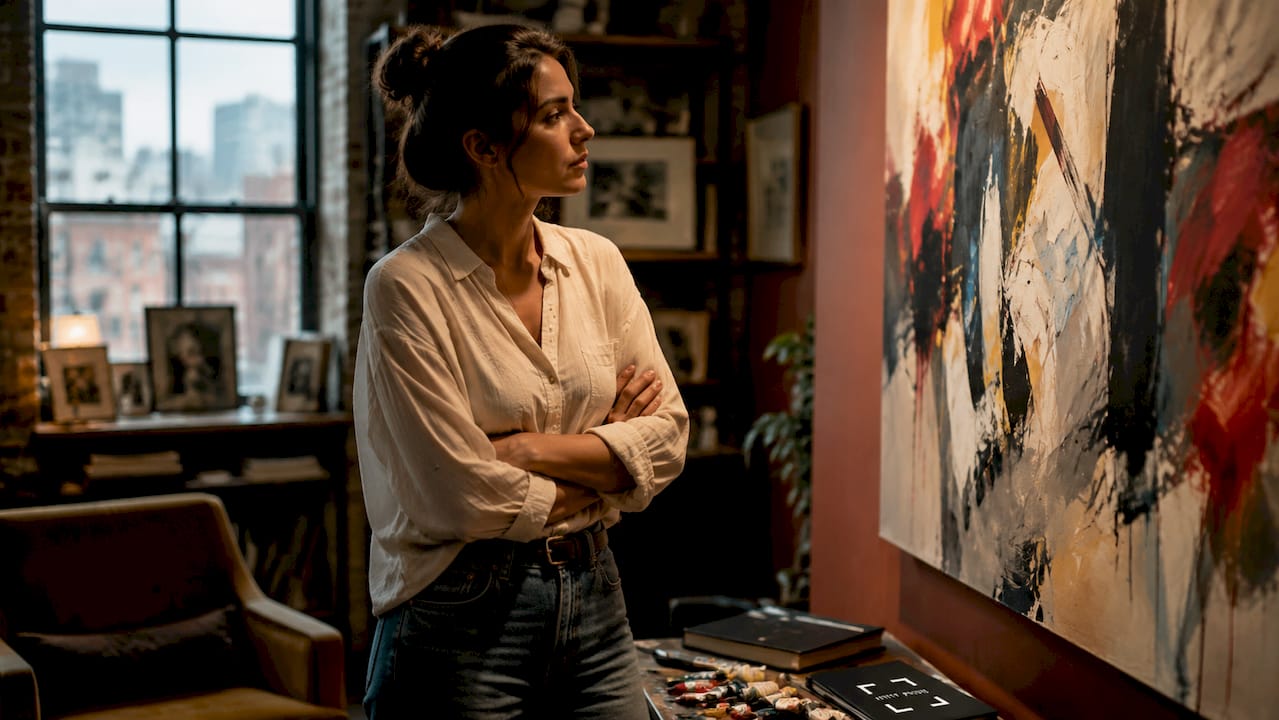 Woman admiring abstract wall art in living room