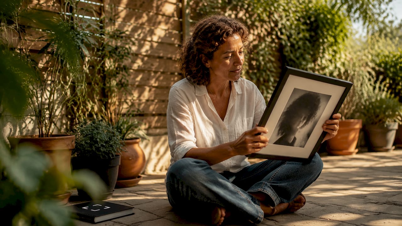 Woman examining portrait wall art at home