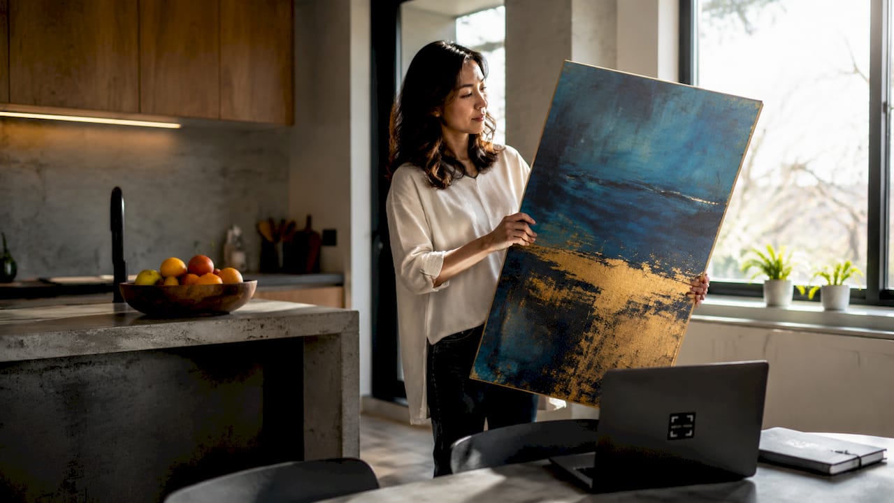 Woman evaluating canvas for living room