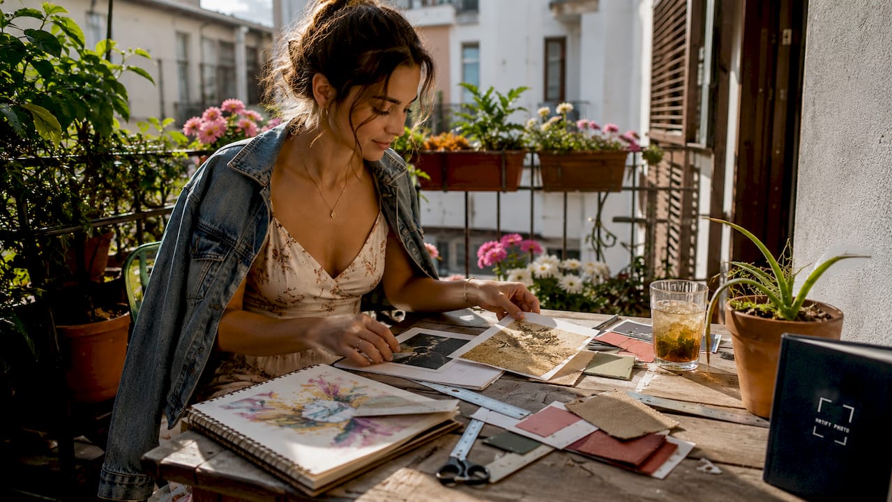 Woman arranging custom wall art samples at table