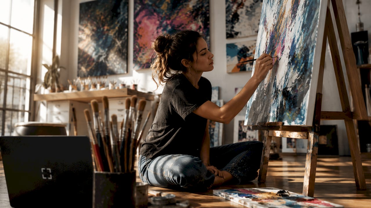 Artist painting bespoke artwork in studio