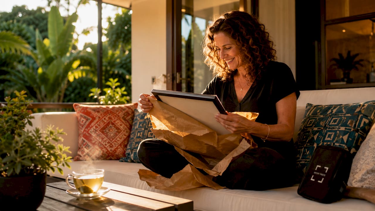 Woman opening personalized art gift in cozy home