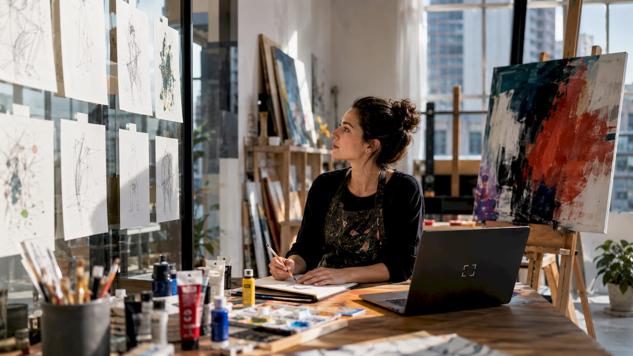 Female artist reviewing sketches in home studio