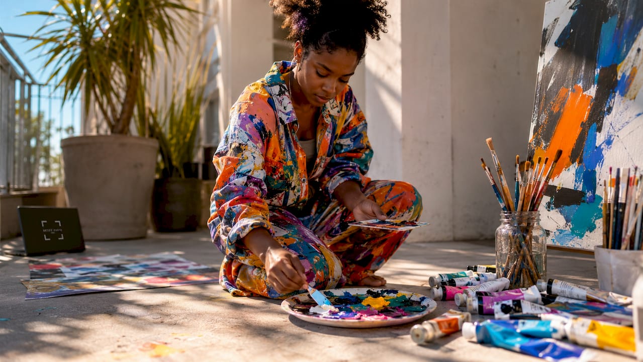 Artist mixing acrylic paints in studio
