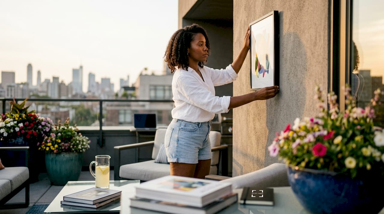 Interior designer hanging artwork in living room