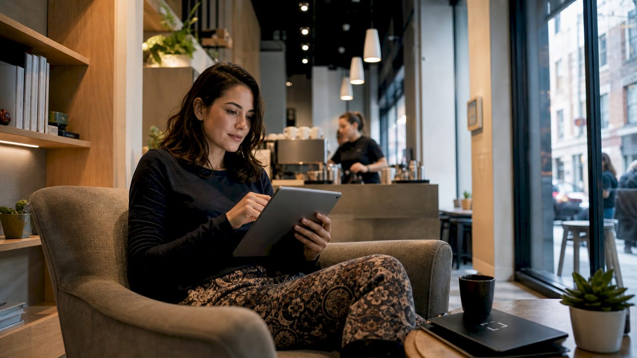 Woman browsing home decor art on tablet