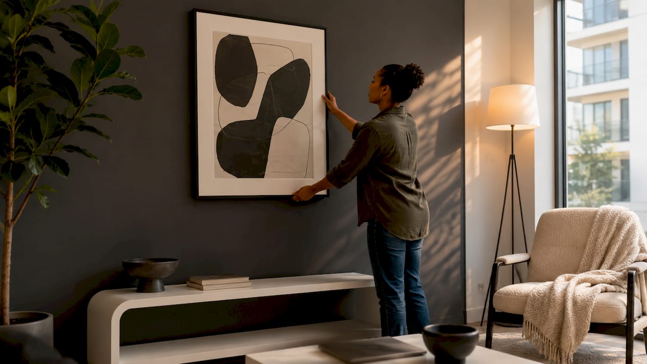 Woman arranging art on living room wall