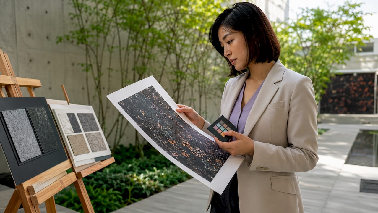 Gallery curator inspecting digital print art