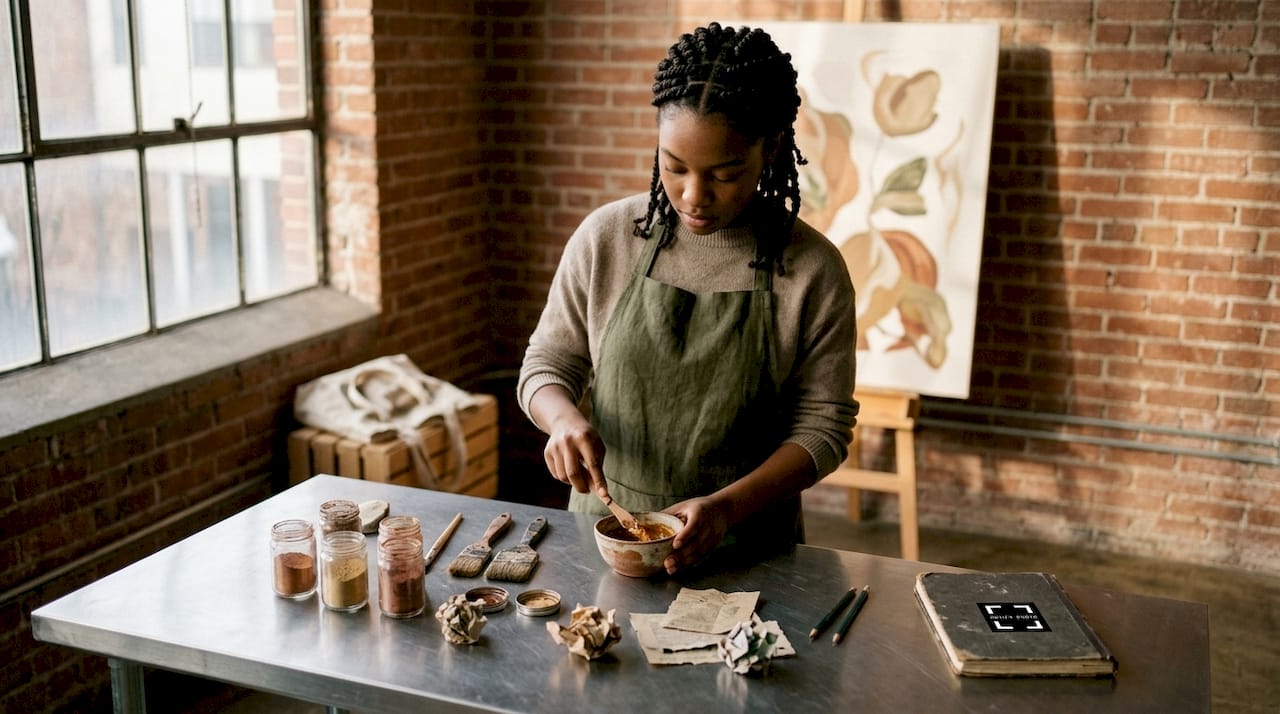 Artist mixing sustainable pigments in studio
