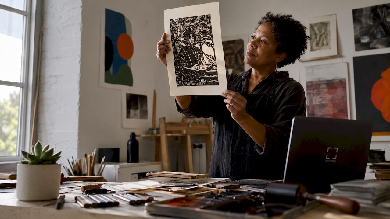 Woman examining woodcut art print in studio