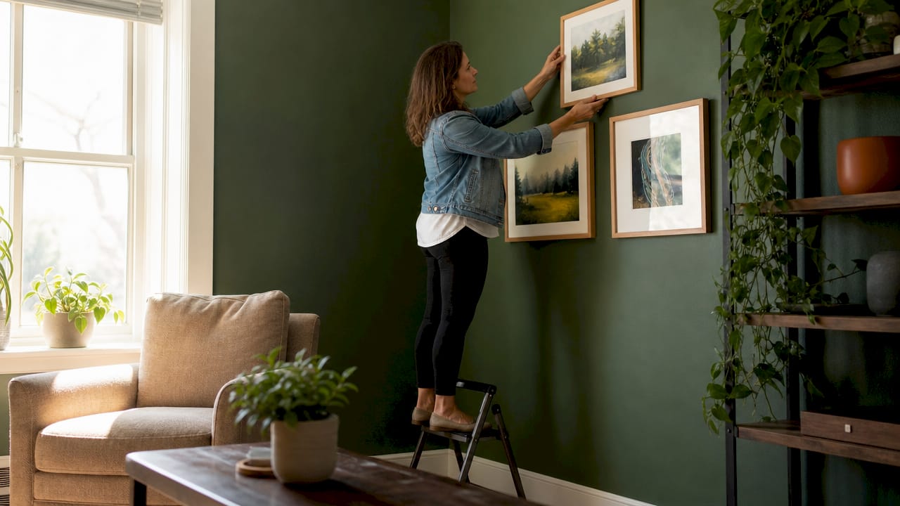 Woman arranging framed art in bright living room