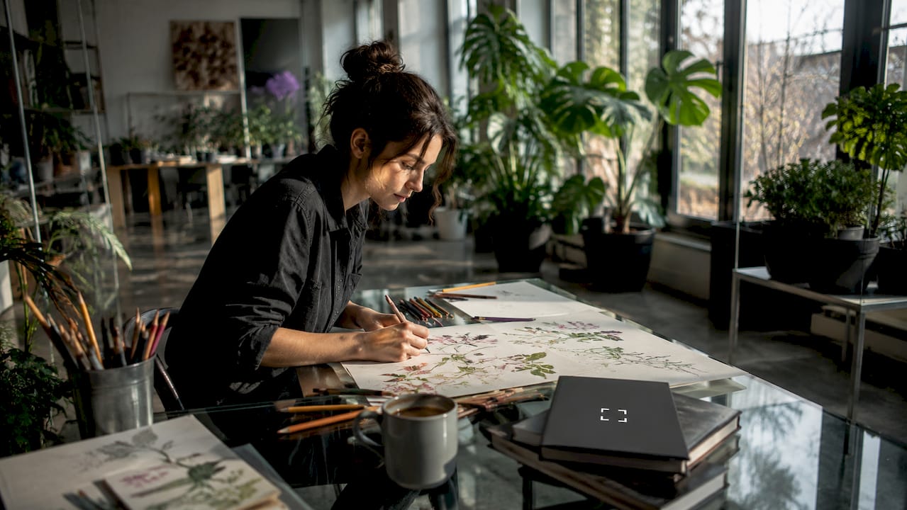 Artist sketching nature-inspired designs in studio
