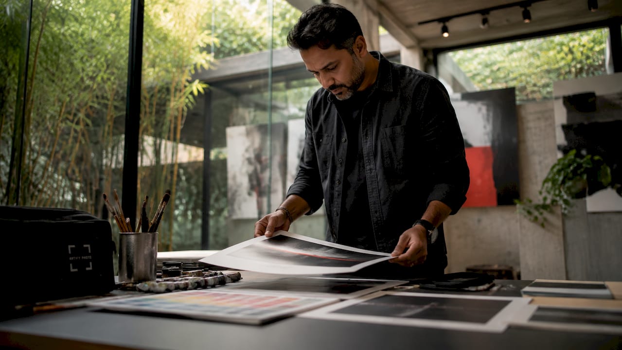 Artist examining museum-grade art print on canvas