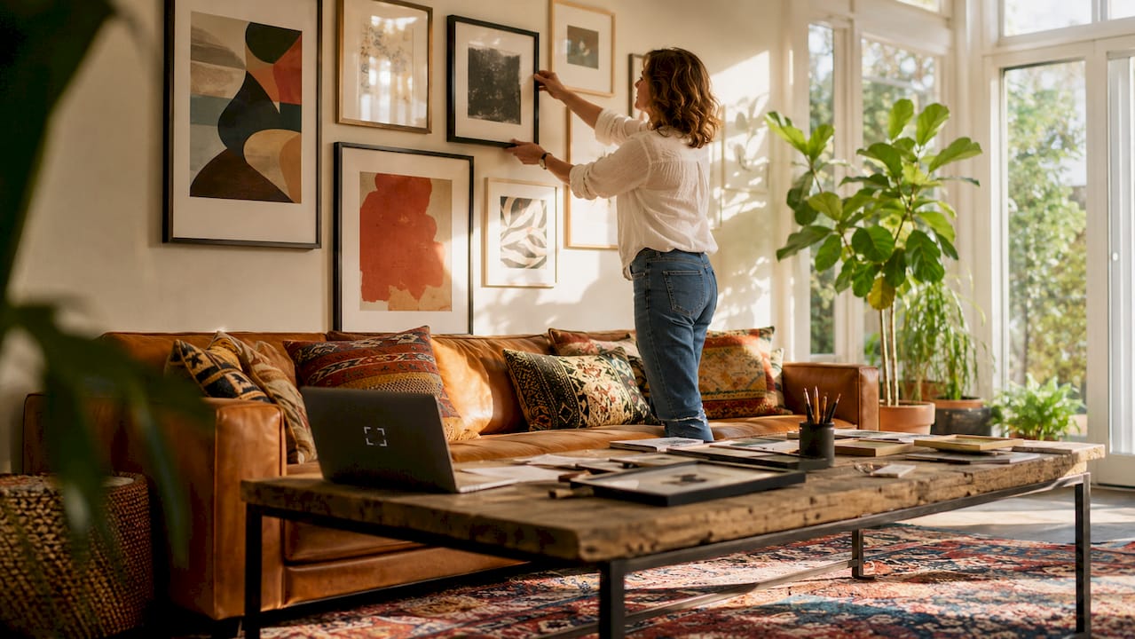 Woman arranging gallery wall artwork in living room