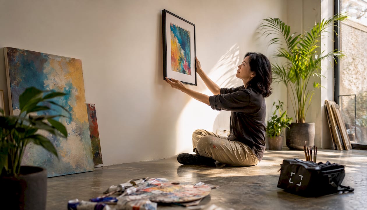 Woman evaluating framed wall art at home