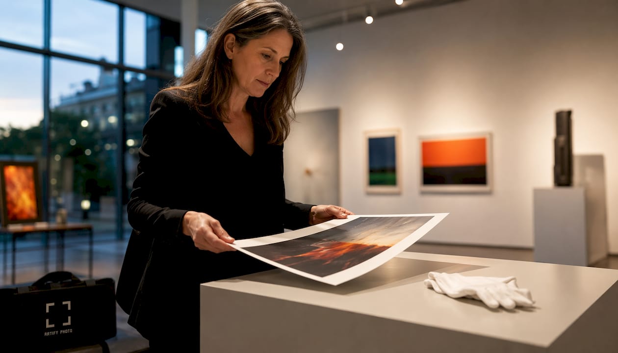 Collector examining archival fine art print