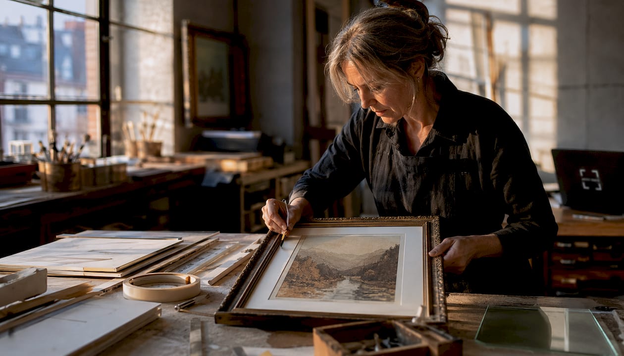 Art conservator adjusting framed artwork