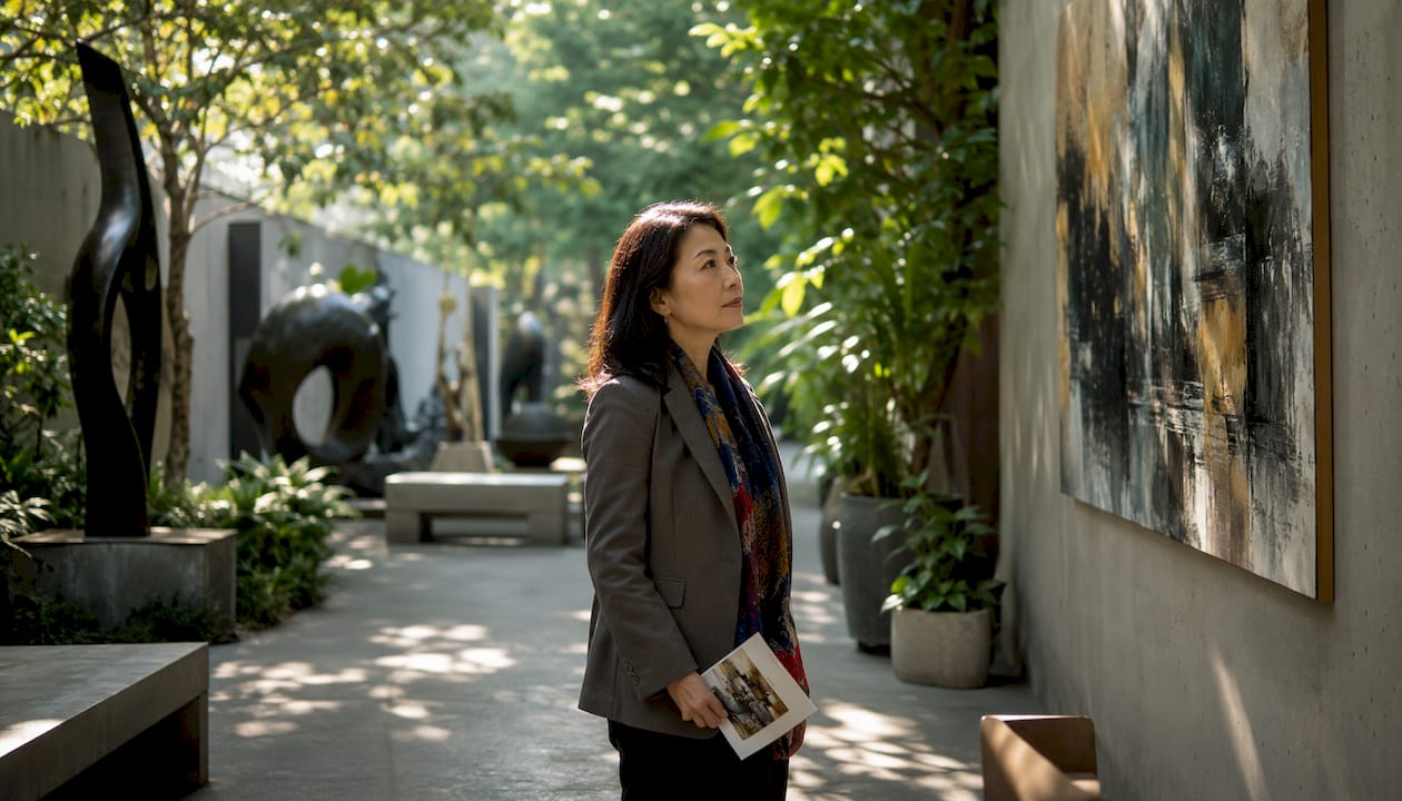 Woman viewing abstract painting in museum