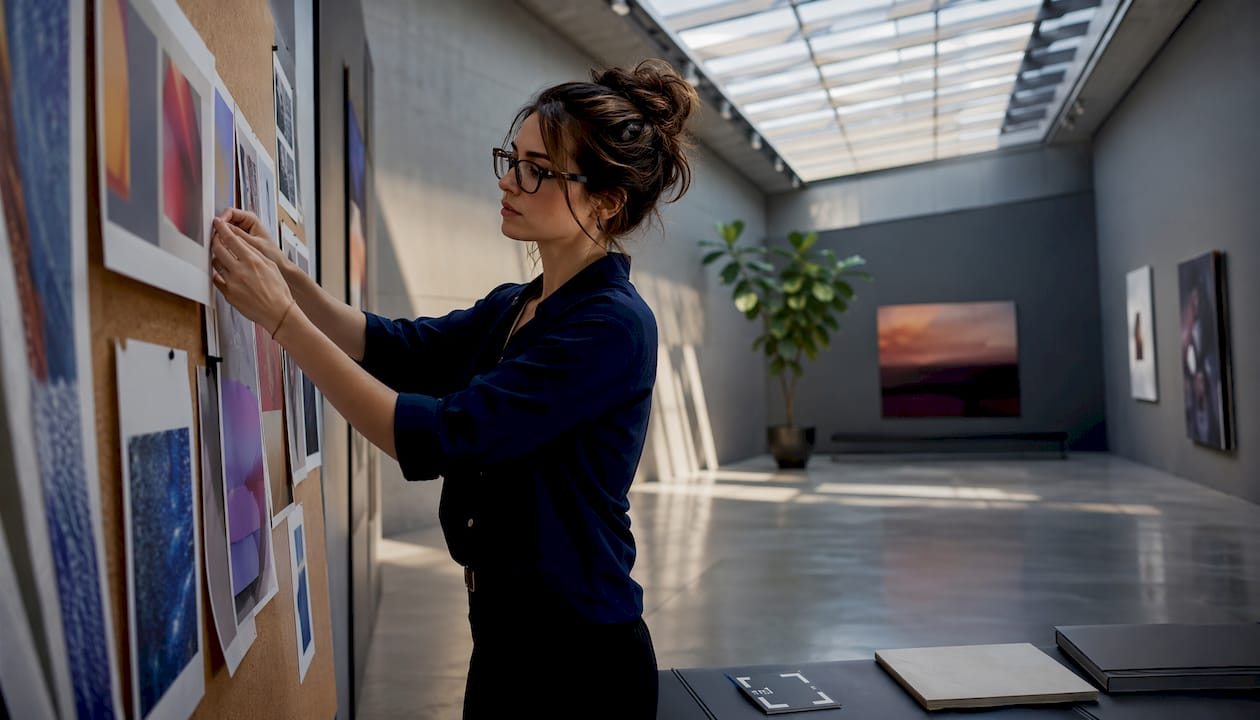 Curator reviewing art portfolios in gallery