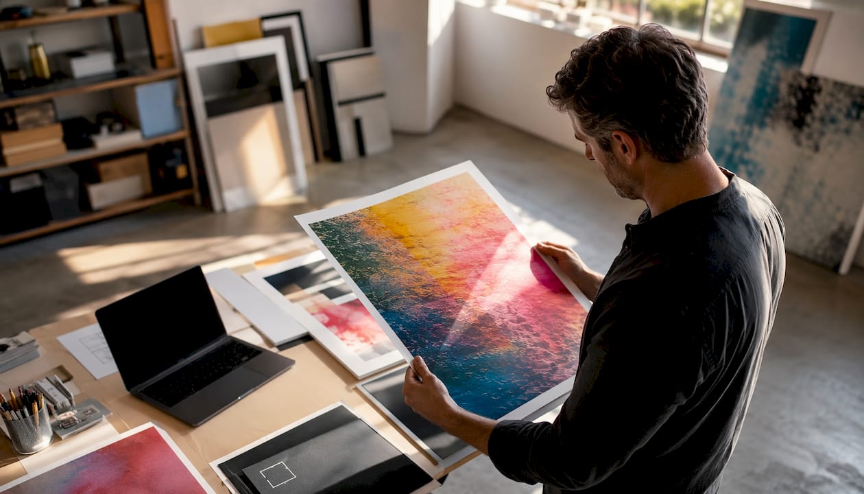 Man inspecting wall art print carefully in home office