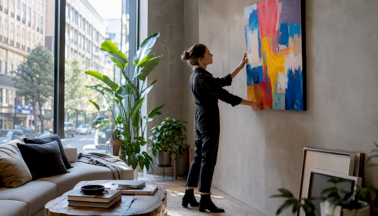 Interior designer assessing colorful art for room mood