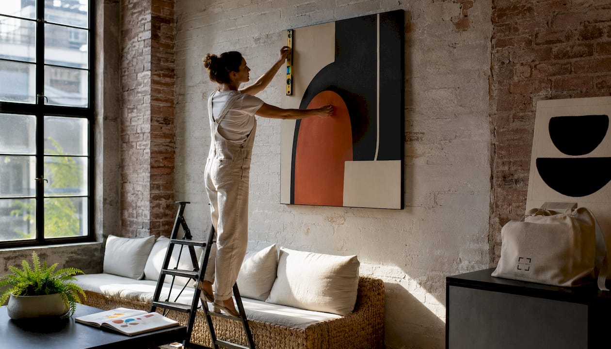 Woman hanging statement art above sofa