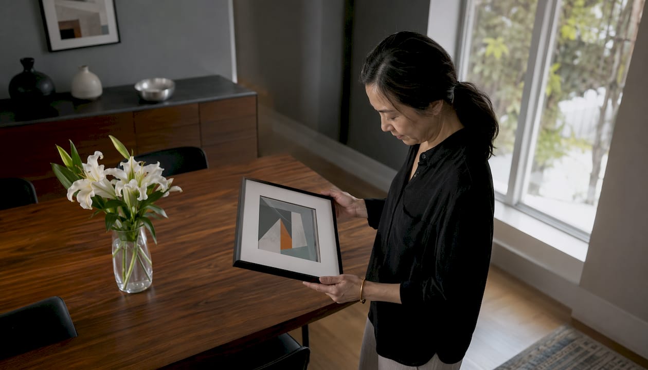 Woman examining framed art in living room