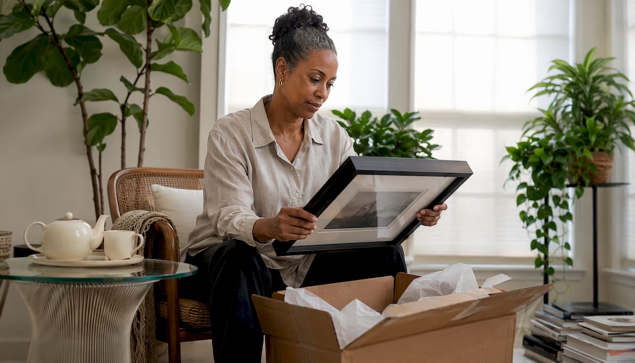 Woman unboxing framed art at home