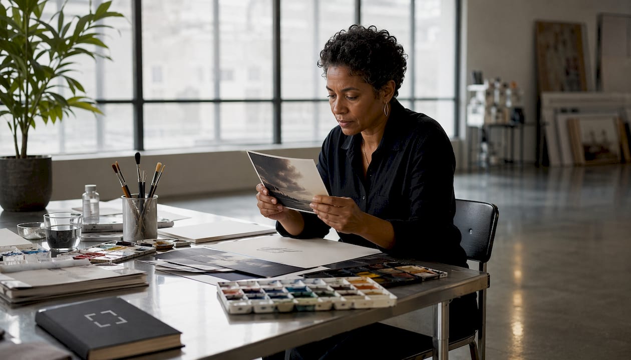 Woman preparing photo for custom art project