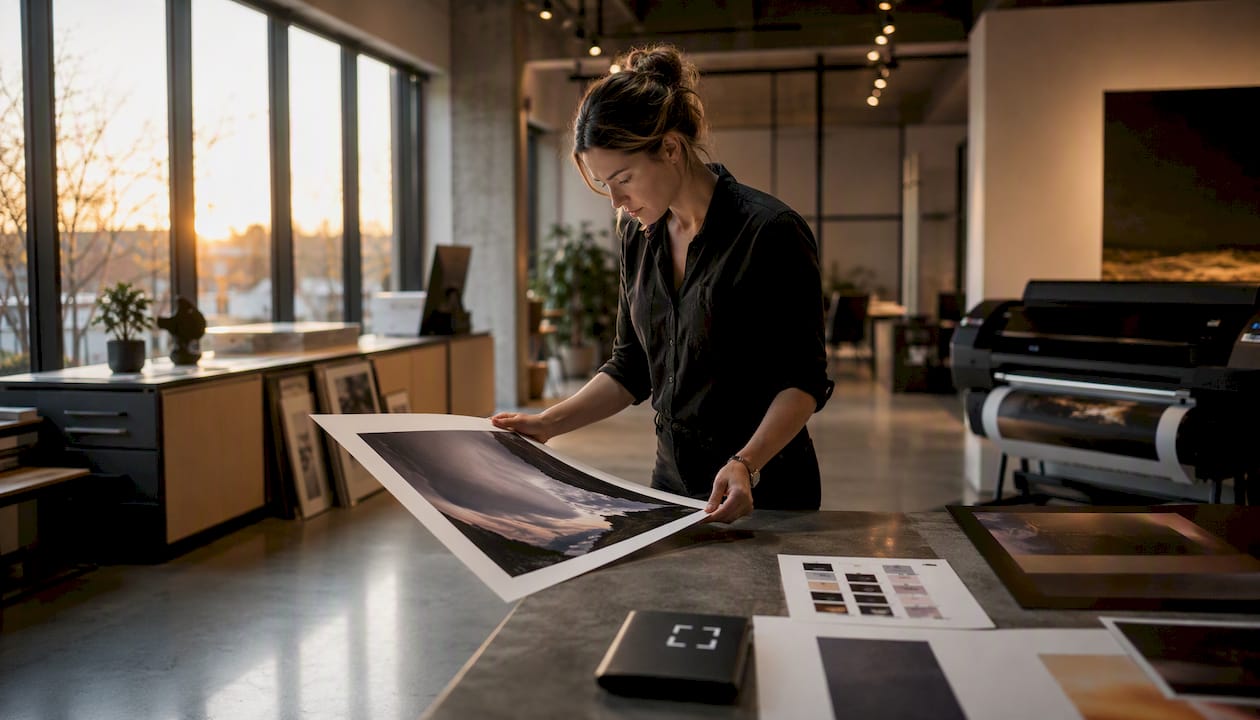 Artist examining gallery quality photo print