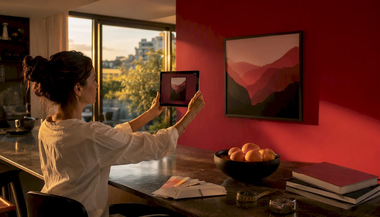 Woman visualizing wall art in living room