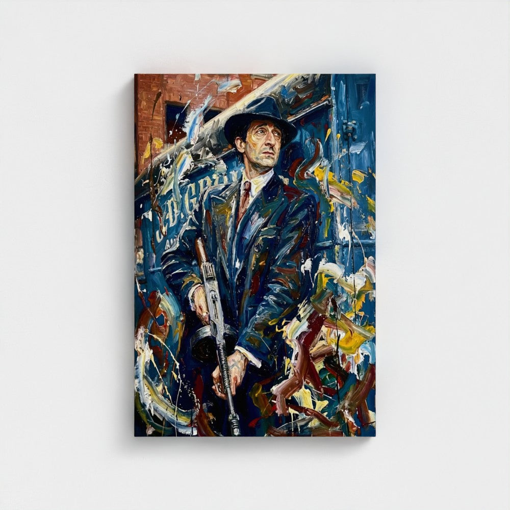 Painting of a man in a suit holding a gun against a colorful abstract background