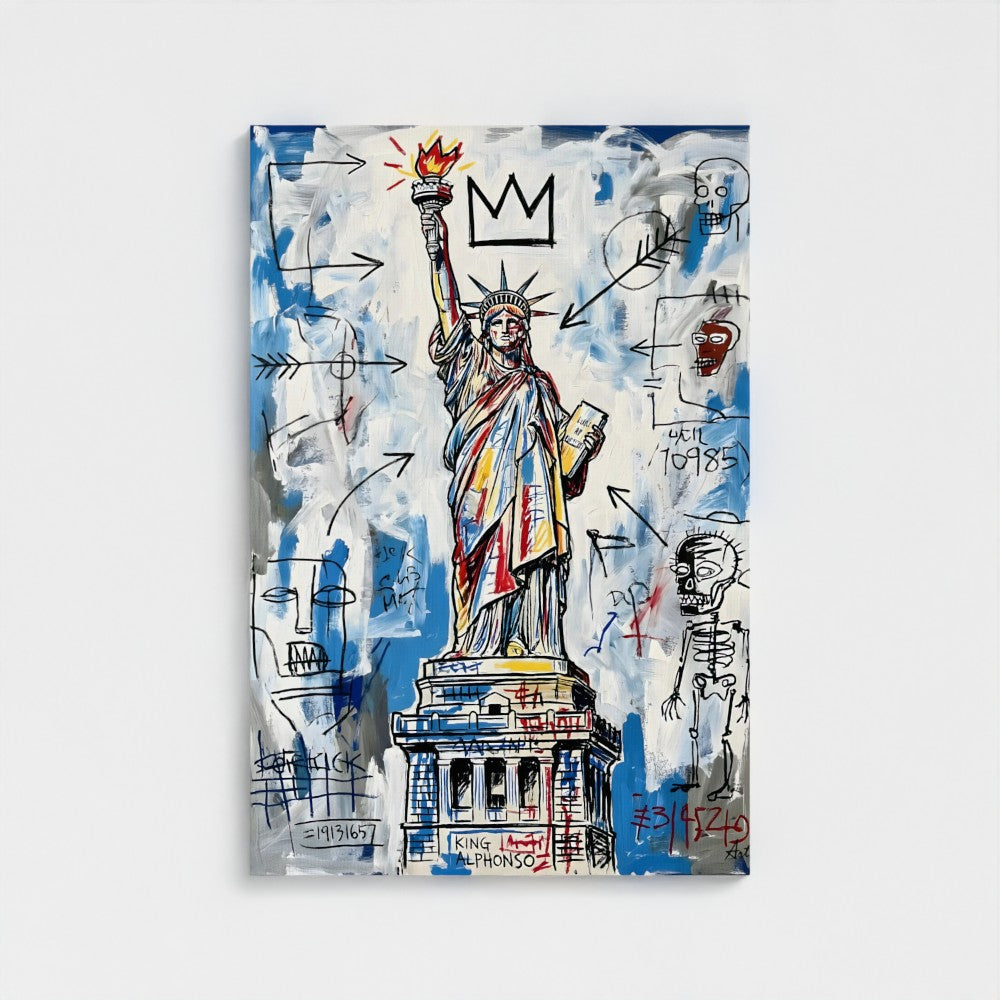 Colorful abstract painting of the Statue of Liberty with artistic elements on a white background