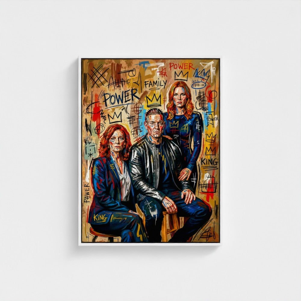 Framed artwork of three people with 'Power' and 'Family' text on a textured background.