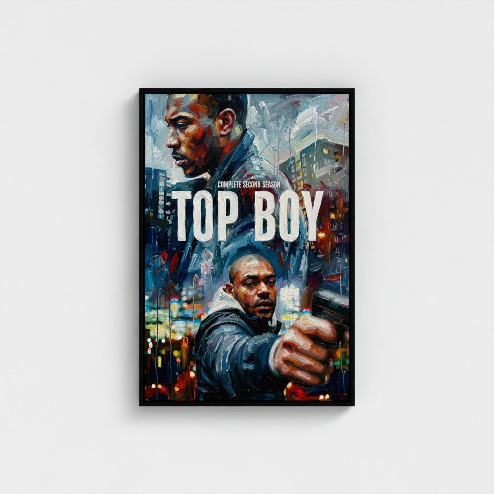 Framed poster of 'Top Boy' with two men against a cityscape background.