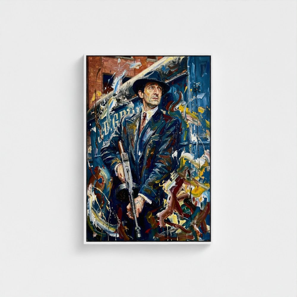 Painting of a man in a suit with a hat on a white background