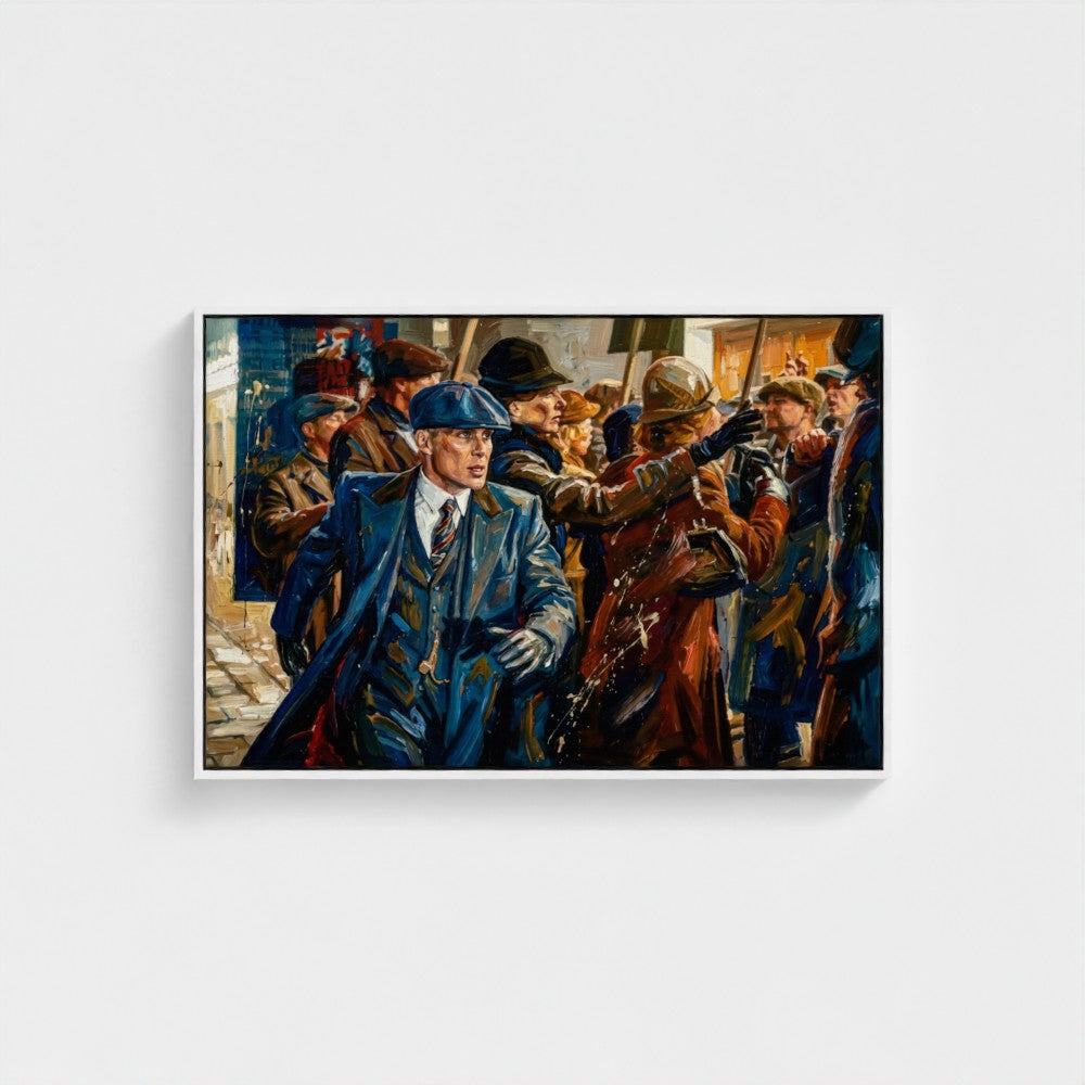 Framed painting of a historical scene with people in uniforms on a white wall.