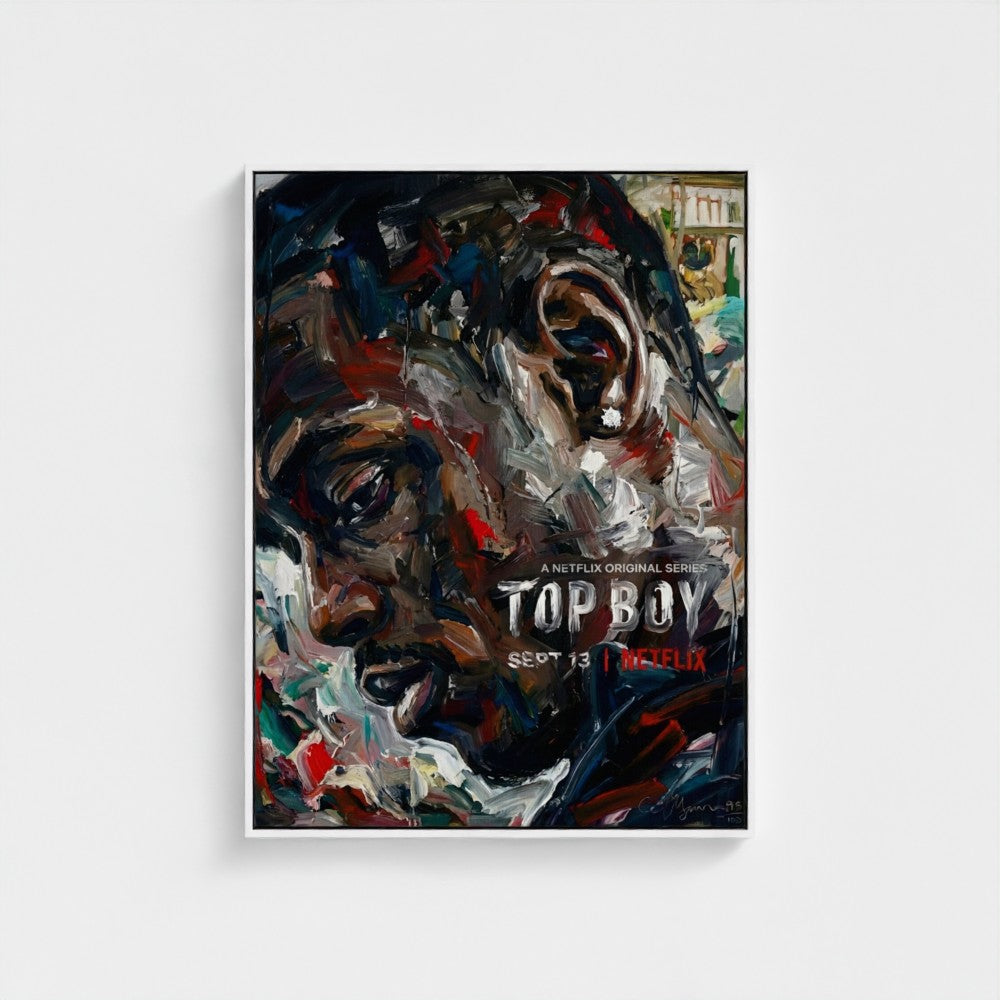 Artistic poster of a character from 'Top Boy' with abstract design on a light gray background