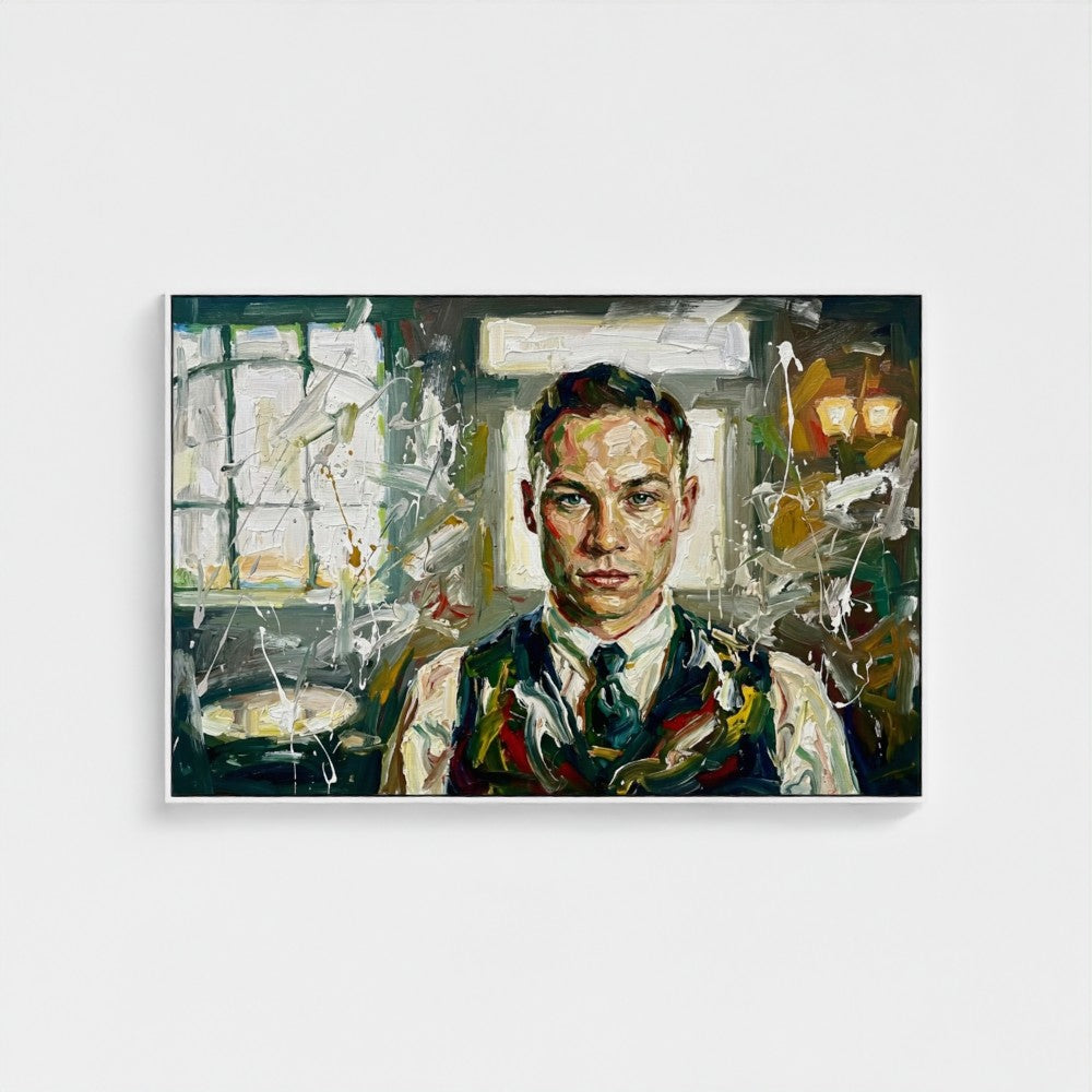 Painting of a man in a room with abstract elements