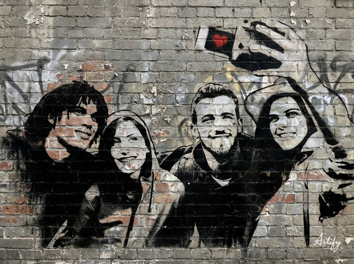 Street art of four people taking a selfie on a brick wall.